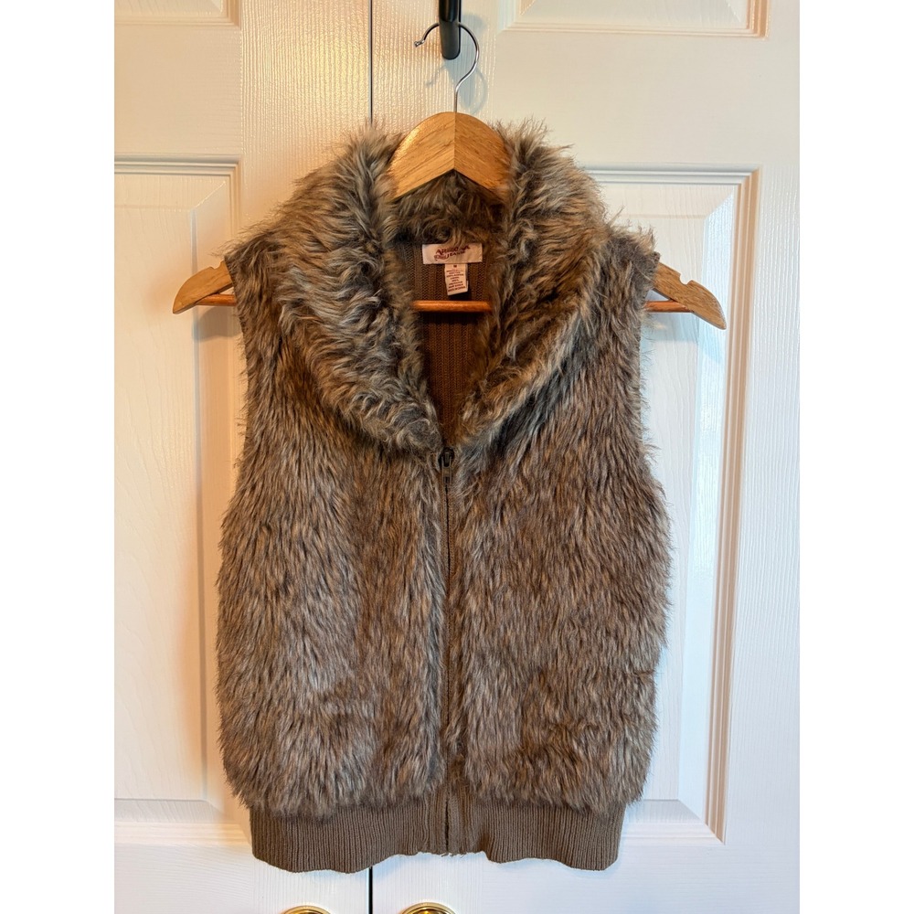 Arizona Jean Co Faux Fur Vest Brown Y2K Ribbed Knit Zip Up Sleeveless Jacket M